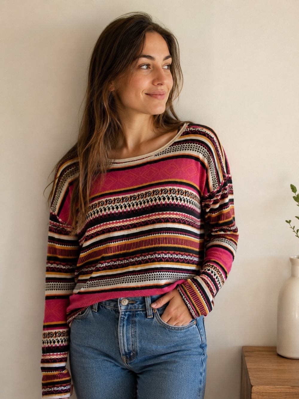 Striped Knit Pullover Top - Multicolor